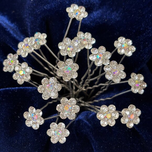 Rhinestone Florets Silver Color Metal Hairpins set of 18 - Picture 3 of 8